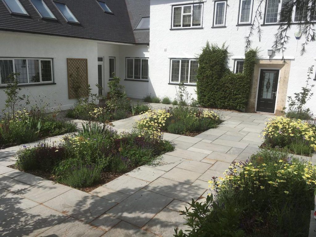 Paved Front Garden With Flower Beds